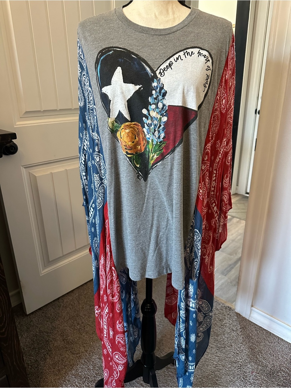Grey Long-Sleeve Tunic with Patriotic Heart & Bandana Sleeves